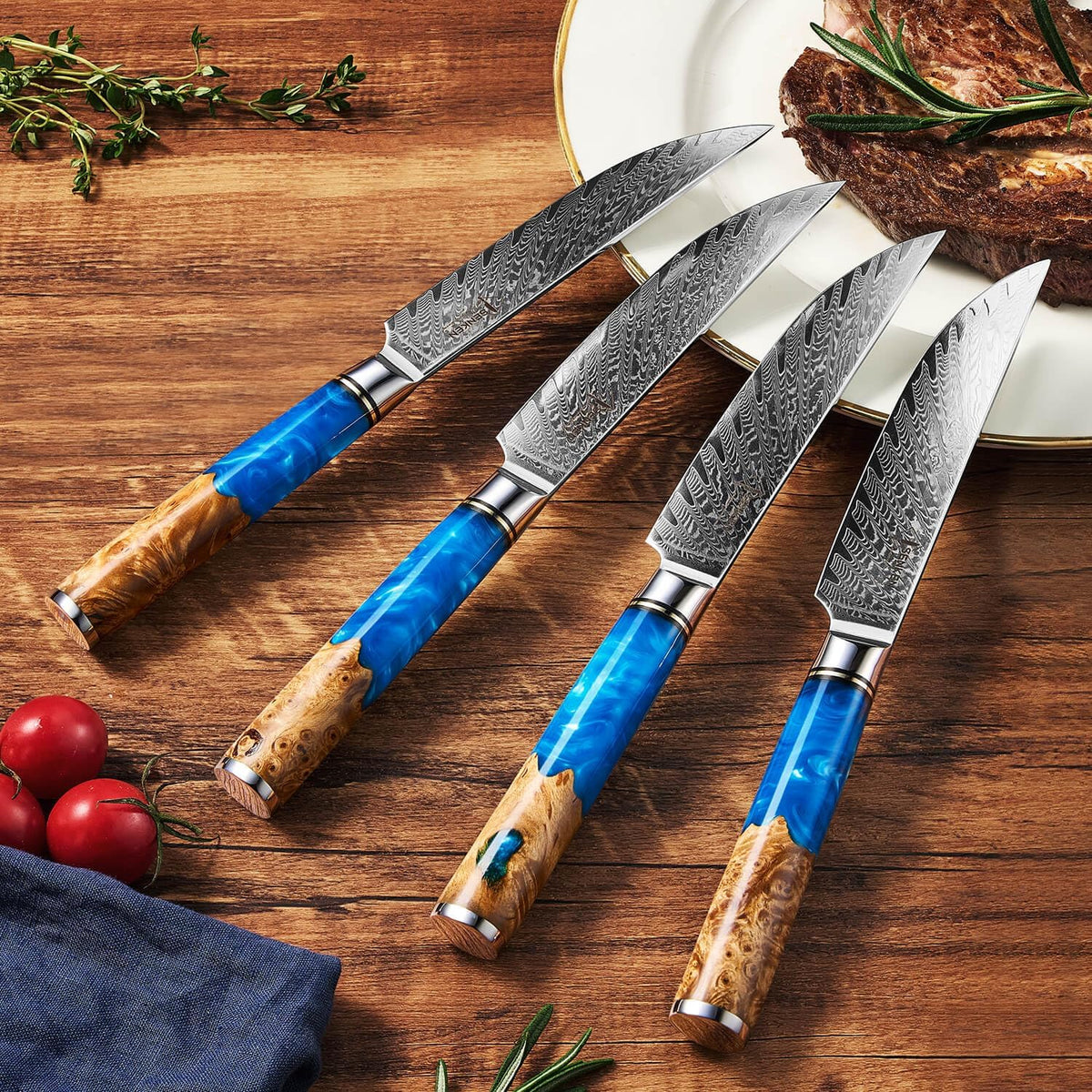 SENKEN Damascus Steak Knife Set - Tsunami Collection - 67-Layer Japanese VG10 Steel - Razor Sharp Non-Serrated Blades, Blue Resin & Natural Wood Pattern Handles, Luxury Gift Box (6 Steak Knife Set)