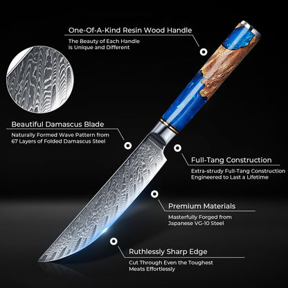 SENKEN Damascus Steak Knife Set - Tsunami Collection - 67-Layer Japanese VG10 Steel - Razor Sharp Non-Serrated Blades, Blue Resin & Natural Wood Pattern Handles, Luxury Gift Box (6 Steak Knife Set)