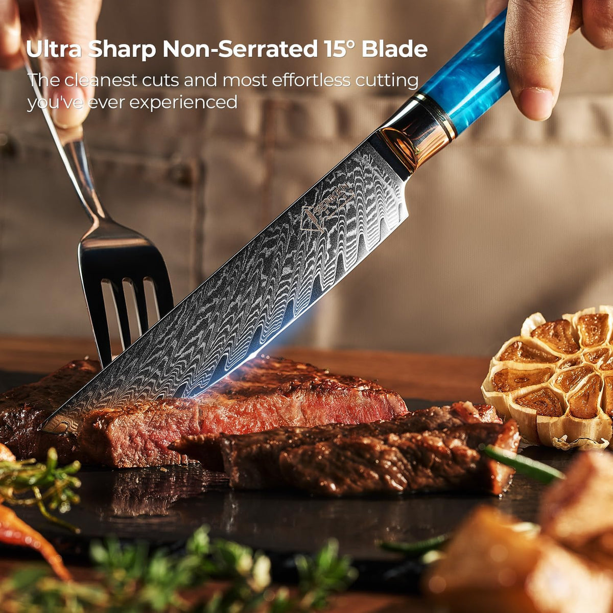 SENKEN Damascus Steak Knife Set - Tsunami Collection - 67-Layer Japanese VG10 Steel - Razor Sharp Non-Serrated Blades, Blue Resin & Natural Wood Pattern Handles, Luxury Gift Box (6 Steak Knife Set)