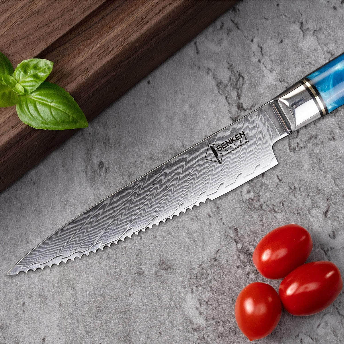 SENKEN Damascus Steak Knife Set - Tsunami Collection - 67-Layer Japanese VG10 Steel - Razor Sharp Non-Serrated Blades, Blue Resin & Natural Wood Pattern Handles, Luxury Gift Box (6 Steak Knife Set)