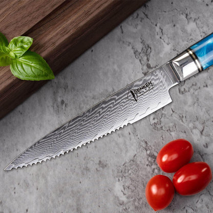 SENKEN Damascus Steak Knife Set - Tsunami Collection - 67-Layer Japanese VG10 Steel - Razor Sharp Non-Serrated Blades, Blue Resin & Natural Wood Pattern Handles, Luxury Gift Box (6 Steak Knife Set)