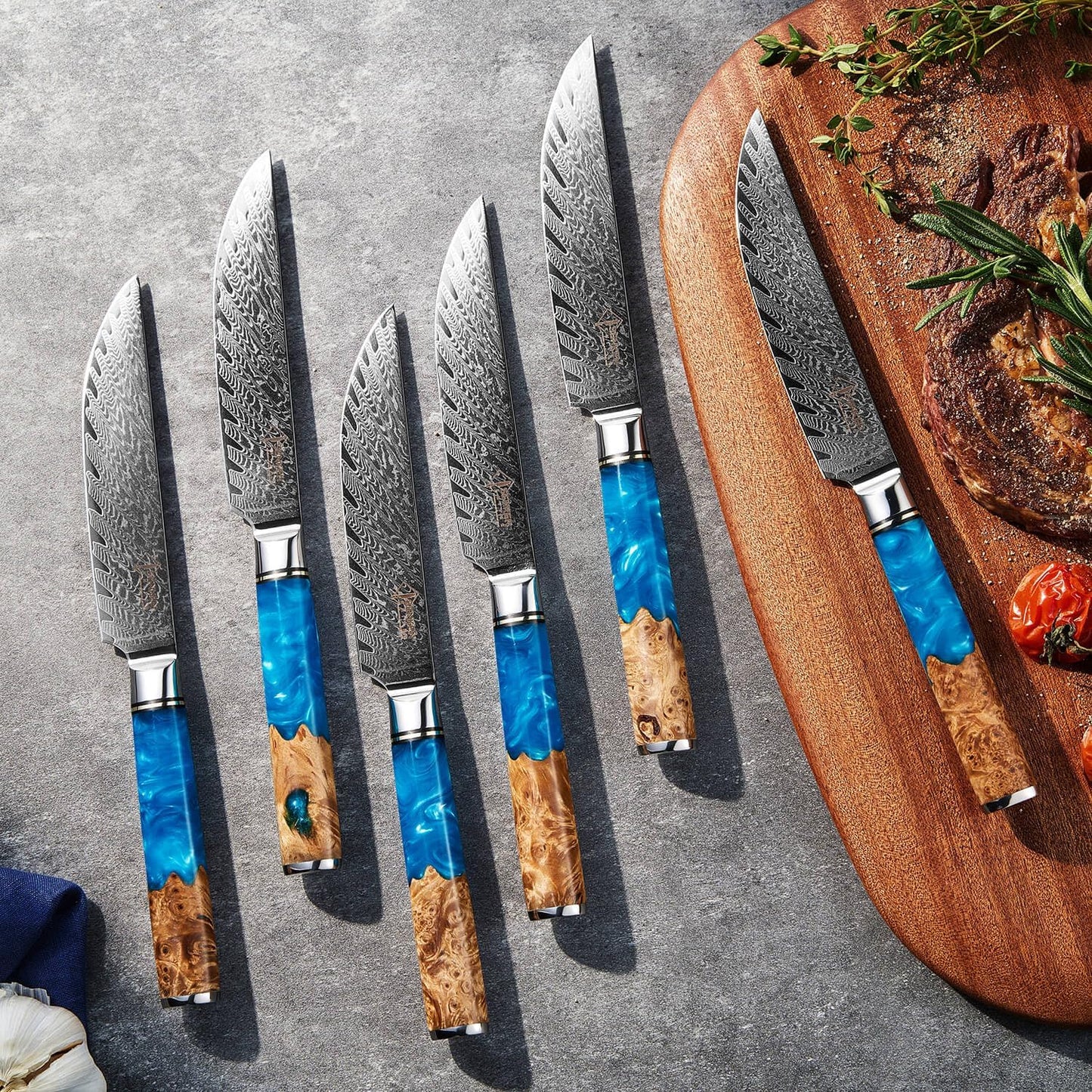 SENKEN Damascus Steak Knife Set - Tsunami Collection - 67-Layer Japanese VG10 Steel - Razor Sharp Non-Serrated Blades, Blue Resin & Natural Wood Pattern Handles, Luxury Gift Box (6 Steak Knife Set)