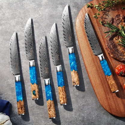 SENKEN Damascus Steak Knife Set - Tsunami Collection - 67-Layer Japanese VG10 Steel - Razor Sharp Non-Serrated Blades, Blue Resin & Natural Wood Pattern Handles, Luxury Gift Box (6 Steak Knife Set)
