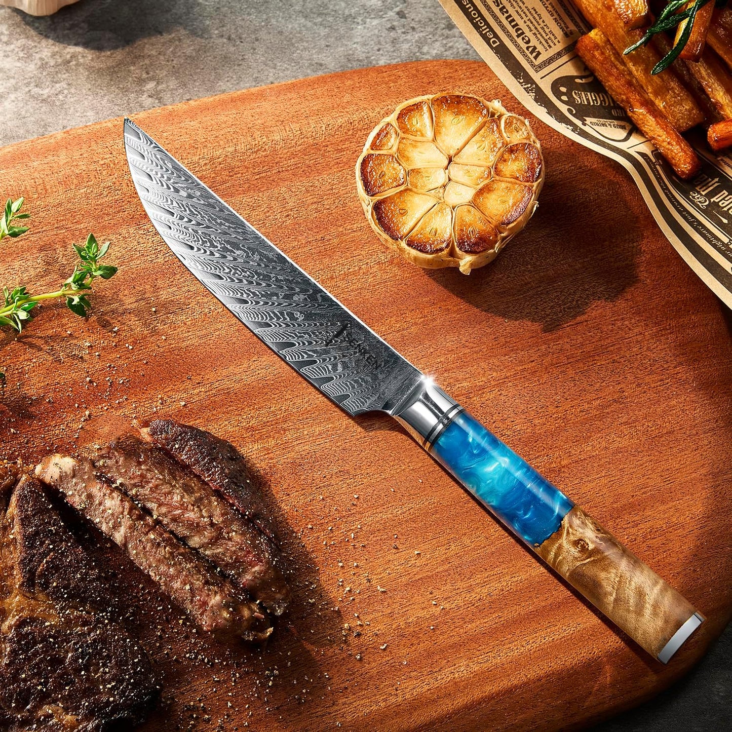 SENKEN Damascus Steak Knife Set - Tsunami Collection - 67-Layer Japanese VG10 Steel - Razor Sharp Non-Serrated Blades, Blue Resin & Natural Wood Pattern Handles, Luxury Gift Box (6 Steak Knife Set)