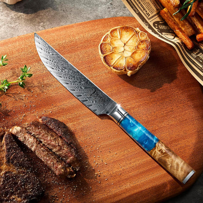 SENKEN Damascus Steak Knife Set - Tsunami Collection - 67-Layer Japanese VG10 Steel - Razor Sharp Non-Serrated Blades, Blue Resin & Natural Wood Pattern Handles, Luxury Gift Box (6 Steak Knife Set)
