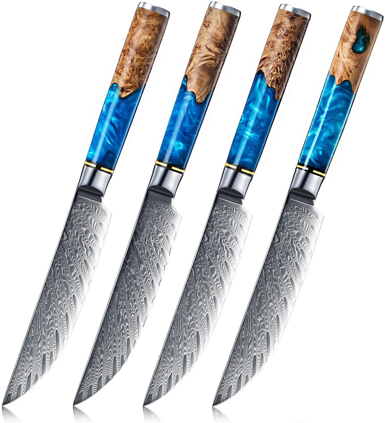 SENKEN Damascus Steak Knife Set - Tsunami Collection - 67-Layer Japanese VG10 Steel - Razor Sharp Non-Serrated Blades, Blue Resin & Natural Wood Pattern Handles, Luxury Gift Box (6 Steak Knife Set)