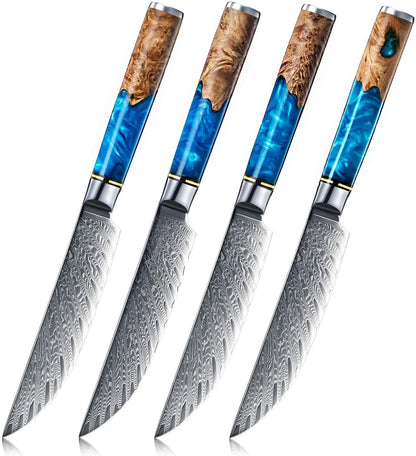 SENKEN Damascus Steak Knife Set - Tsunami Collection - 67-Layer Japanese VG10 Steel - Razor Sharp Non-Serrated Blades, Blue Resin & Natural Wood Pattern Handles, Luxury Gift Box (6 Steak Knife Set)