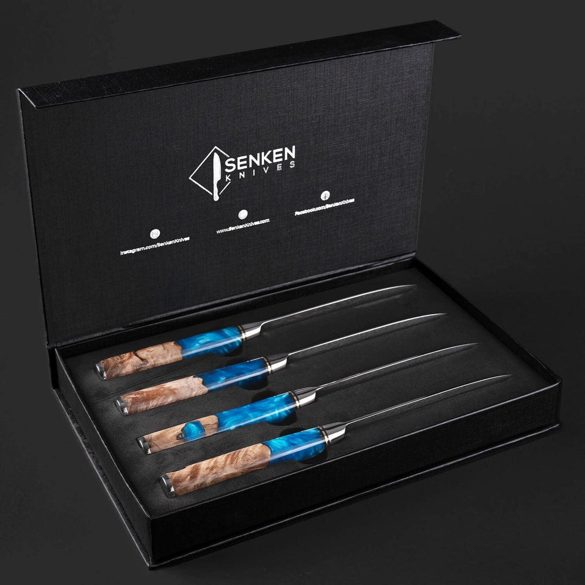 SENKEN Damascus Steak Knife Set - Tsunami Collection - 67-Layer Japanese VG10 Steel - Razor Sharp Non-Serrated Blades, Blue Resin & Natural Wood Pattern Handles, Luxury Gift Box (6 Steak Knife Set)