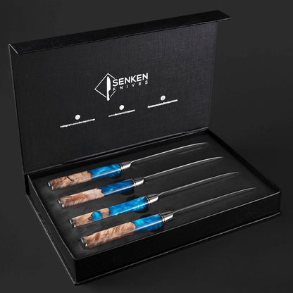SENKEN Damascus Steak Knife Set - Tsunami Collection - 67-Layer Japanese VG10 Steel - Razor Sharp Non-Serrated Blades, Blue Resin & Natural Wood Pattern Handles, Luxury Gift Box (6 Steak Knife Set)