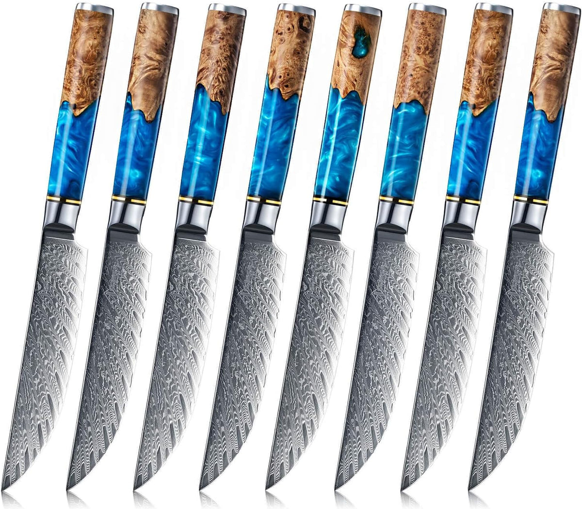 SENKEN Damascus Steak Knife Set - Tsunami Collection - 67-Layer Japanese VG10 Steel - Razor Sharp Non-Serrated Blades, Blue Resin & Natural Wood Pattern Handles, Luxury Gift Box (6 Steak Knife Set)