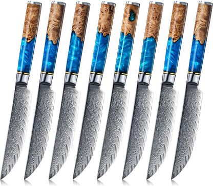 SENKEN Damascus Steak Knife Set - Tsunami Collection - 67-Layer Japanese VG10 Steel - Razor Sharp Non-Serrated Blades, Blue Resin & Natural Wood Pattern Handles, Luxury Gift Box (6 Steak Knife Set)