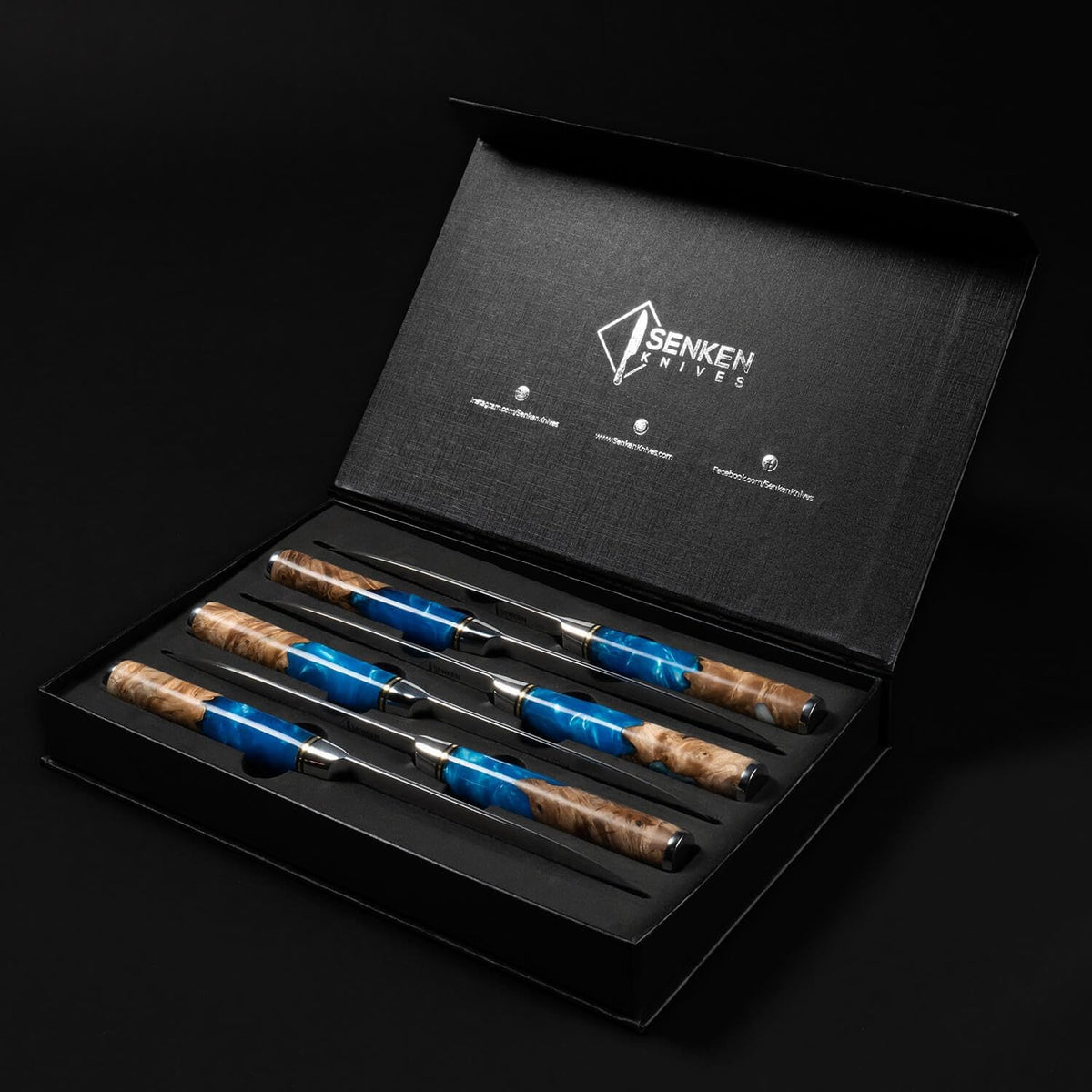 SENKEN Damascus Steak Knife Set - Tsunami Collection - 67-Layer Japanese VG10 Steel - Razor Sharp Non-Serrated Blades, Blue Resin & Natural Wood Pattern Handles, Luxury Gift Box (6 Steak Knife Set)