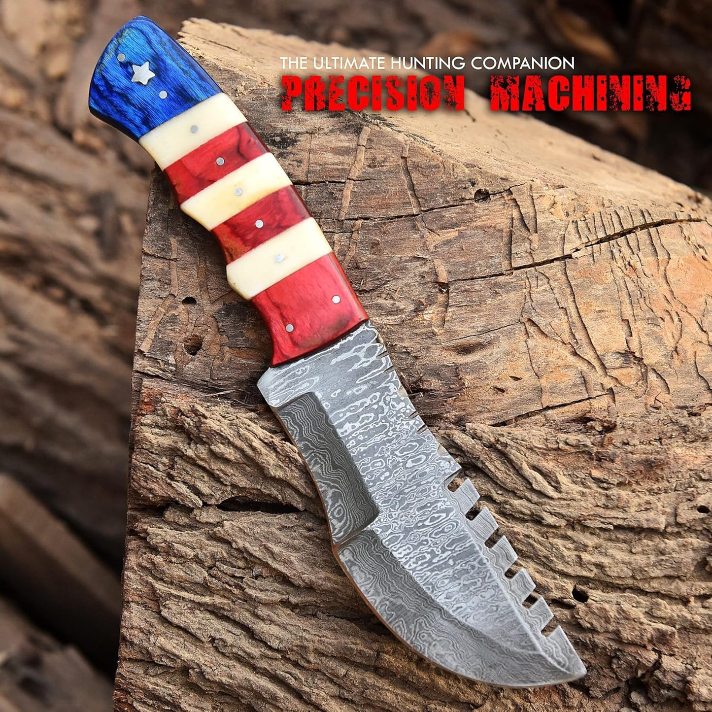Damascus Steel Fixed Blade Tracker Hunting Knife With Horizontal and Scout Carry Leather Sheath - Full Tang Tactical Survival Bushcraft Knives for Men - American USA TX Flag Handle Knife for Camping