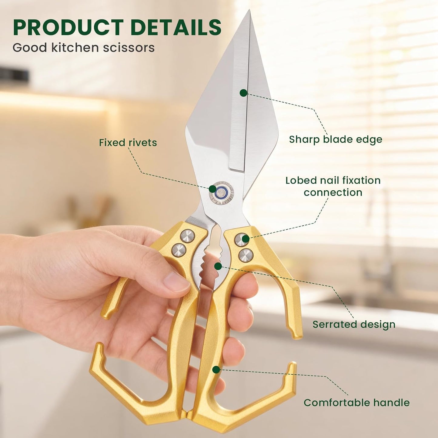 Heavy Duty Kitchen Scissors All purpose, poultry shears for food Cutting Meat, Chicken, Bones, Seafood, Herbs, Nuts, Packages, Culinary scissors with Ergonomic Handle gold