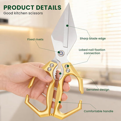 Heavy Duty Kitchen Scissors All purpose, poultry shears for food Cutting Meat, Chicken, Bones, Seafood, Herbs, Nuts, Packages, Culinary scissors with Ergonomic Handle gold