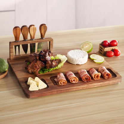 Acacia Wood Charcuterie Board, Cheese Board Set with Magnetic Knife Holder, 14"x 11" Large Serving Tray for Meat, Ideal Gift for Anniversary, Christmas, Thanksgiving, Wedding, Halloween