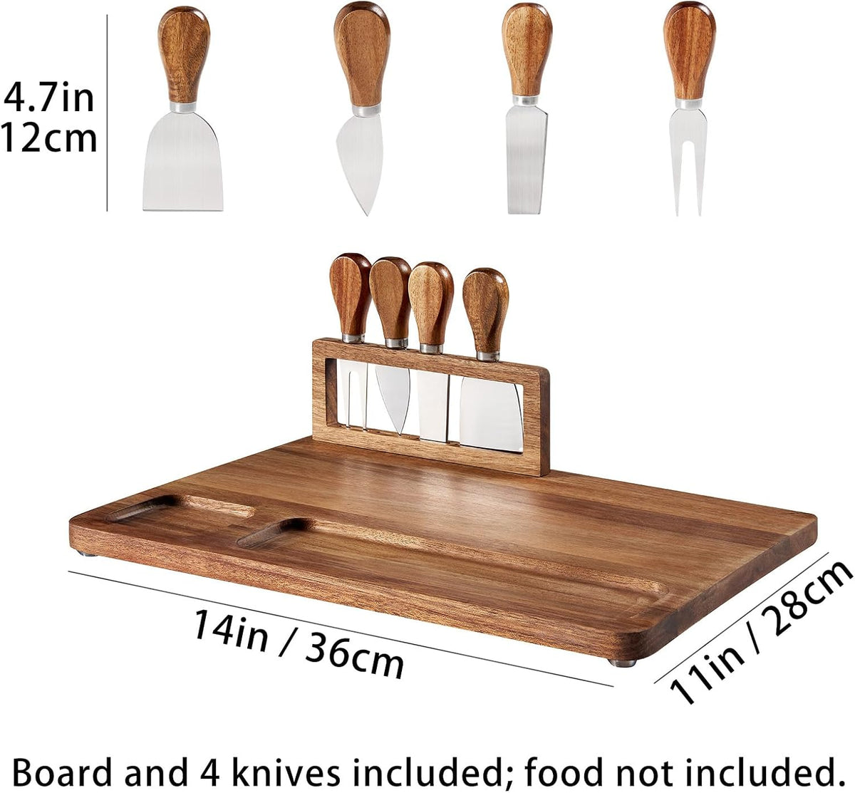 Acacia Wood Charcuterie Board, Cheese Board Set with Magnetic Knife Holder, 14"x 11" Large Serving Tray for Meat, Ideal Gift for Anniversary, Christmas, Thanksgiving, Wedding, Halloween