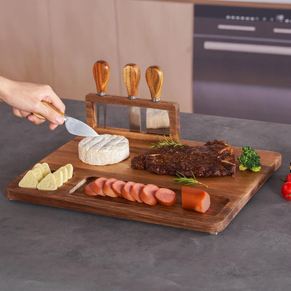 Acacia Wood Charcuterie Board, Cheese Board Set with Magnetic Knife Holder, 14"x 11" Large Serving Tray for Meat, Ideal Gift for Anniversary, Christmas, Thanksgiving, Wedding, Halloween