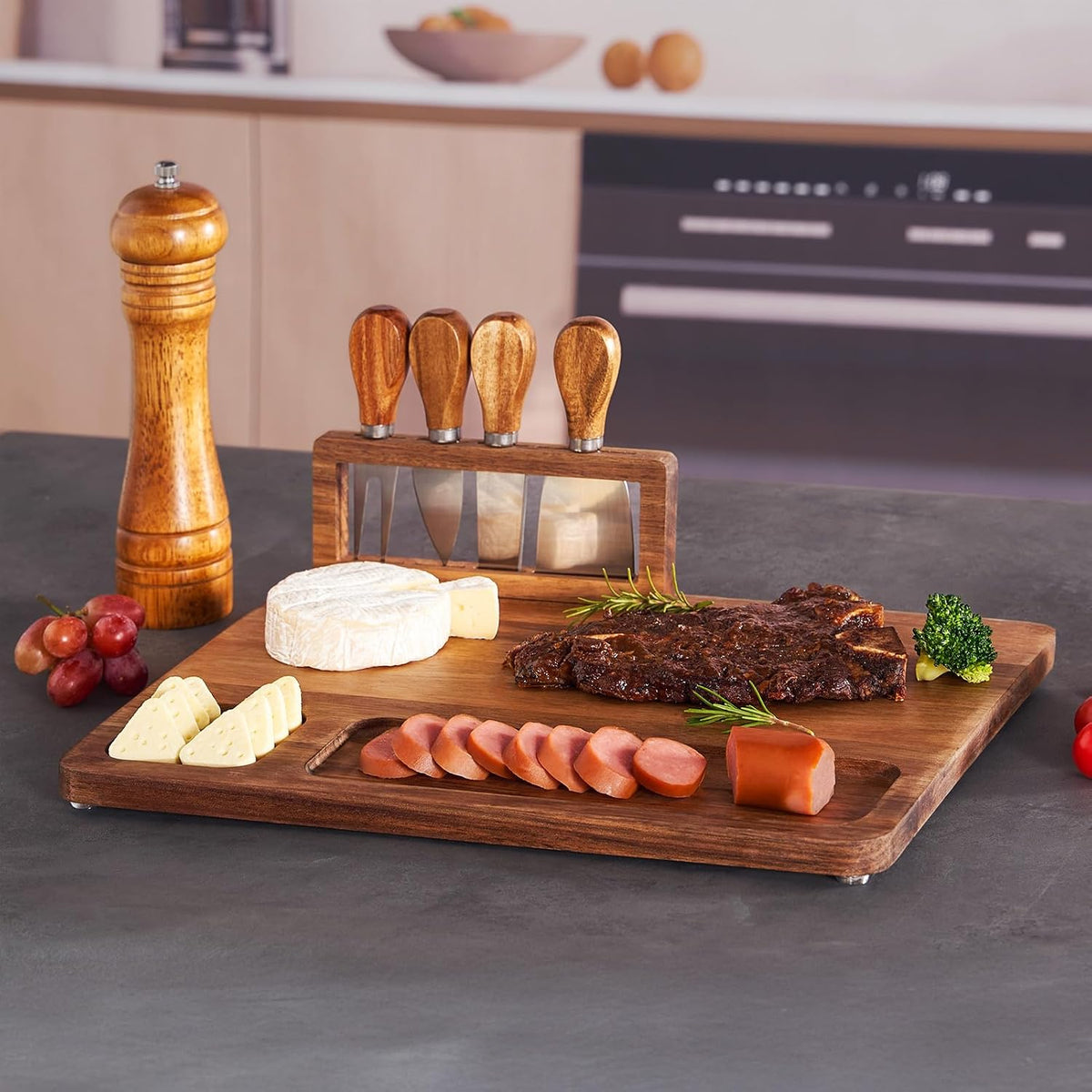 Acacia Wood Charcuterie Board, Cheese Board Set with Magnetic Knife Holder, 14"x 11" Large Serving Tray for Meat, Ideal Gift for Anniversary, Christmas, Thanksgiving, Wedding, Halloween