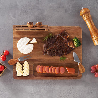 Acacia Wood Charcuterie Board, Cheese Board Set with Magnetic Knife Holder, 14"x 11" Large Serving Tray for Meat, Ideal Gift for Anniversary, Christmas, Thanksgiving, Wedding, Halloween