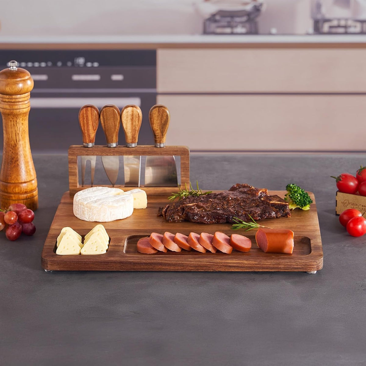 Acacia Wood Charcuterie Board, Cheese Board Set with Magnetic Knife Holder, 14"x 11" Large Serving Tray for Meat, Ideal Gift for Anniversary, Christmas, Thanksgiving, Wedding, Halloween