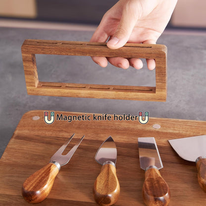 Acacia Wood Charcuterie Board, Cheese Board Set with Magnetic Knife Holder, 14"x 11" Large Serving Tray for Meat, Ideal Gift for Anniversary, Christmas, Thanksgiving, Wedding, Halloween
