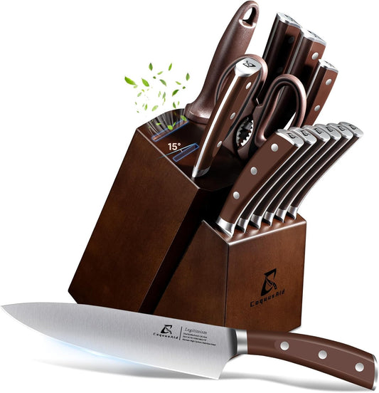 Knife Set, Upgrade 15 Pcs Knife Block Set with Widened Ventilated Slot, German Stainless Steel Kitchen Knives Set with Sharpener, Professional Chef Knives Set, Full Tang Ergonomic Handle
