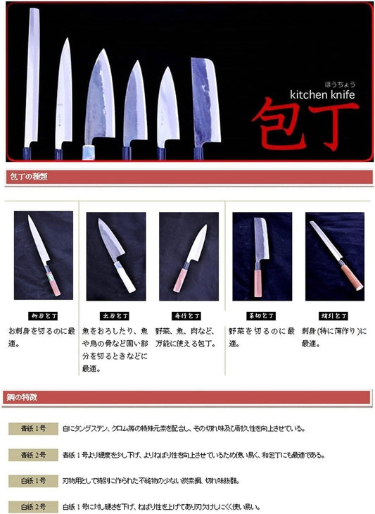 Tosa Hamono Distribution Center, Tosa Knife, Black Uchi, Deba, Blue Steel No. 1, 6.5 inches (165 mm)
