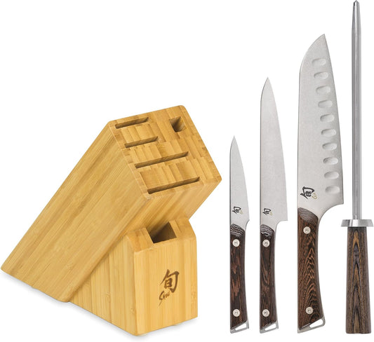 Kanso 5 Piece Block Set | Includes 3.5" Paring, 7" Santoku, 6" Utility Knives and More, Handcrafted, AUS10A Stainless Steel Blades, Tagayasan Handle