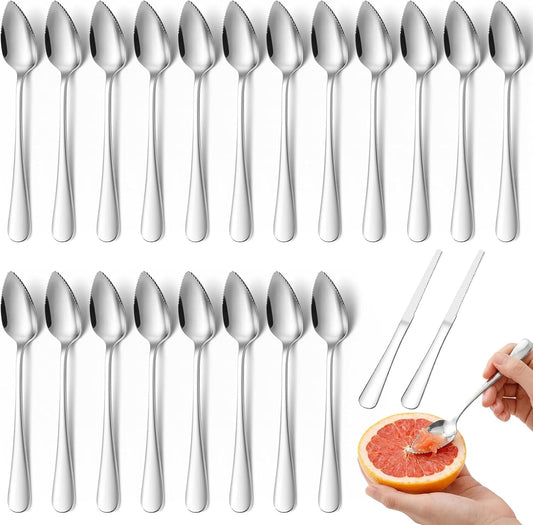 20 Pcs Grapefruit Spoons Bulk and 2 Grapefruit Knifes, Serrated Edge & Thick Gauge Handle, 18/8 Stainless Steel Silver Citrus Utensil Set for Kiwi Apple Dessert Salad Citrus Fruits