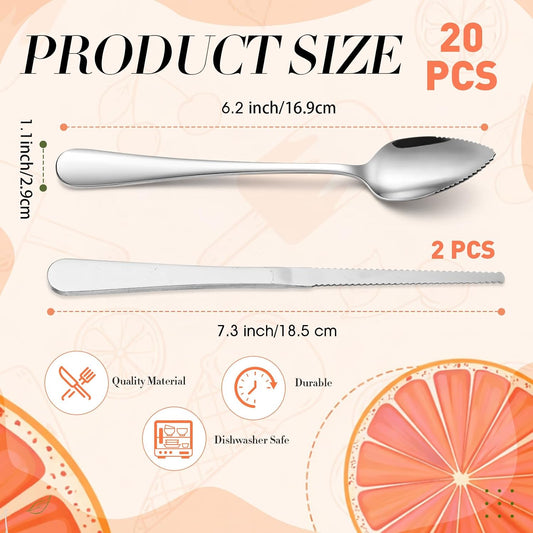 20 Pcs Grapefruit Spoons Bulk and 2 Grapefruit Knifes, Serrated Edge & Thick Gauge Handle, 18/8 Stainless Steel Silver Citrus Utensil Set for Kiwi Apple Dessert Salad Citrus Fruits