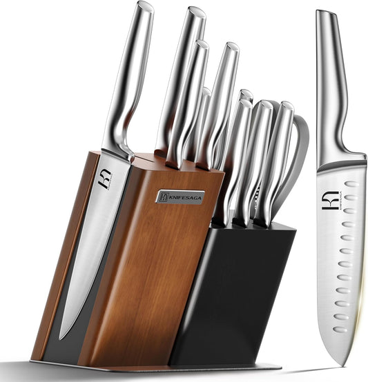 Knife Set, KnifeSaga Kitchen Knife Set with Block, 13 Pcs High-Carbon Stainless Steel Knife Block Set with Ergonomic Handles for Home & Professional Use