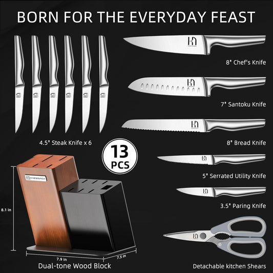 Knife Set, KnifeSaga Kitchen Knife Set with Block, 13 Pcs High-Carbon Stainless Steel Knife Block Set with Ergonomic Handles for Home & Professional Use