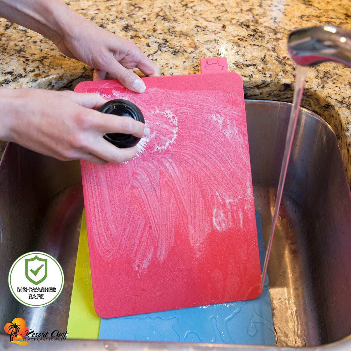Resort Chef Vibrant Kitchen Cutting Board Set - 4 Non-Porous, BPA-Free, Dishwasher-Safe Reversible Plastic Boards with Easy-Grip Food Icon Tabs. Includes Ceramic Knife & Non-Slip Mat.