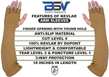BSV Kevlar Cut, Scratch, Bite and Heat Resistant Arm Protection Sleeves with Finger Opening - Unisex -18 Inches, 1 Pair