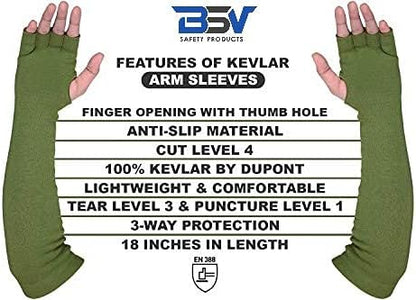 BSV Kevlar Cut, Scratch, Bite and Heat Resistant Arm Protection Sleeves with Finger Opening - Unisex -18 Inches, 1 Pair