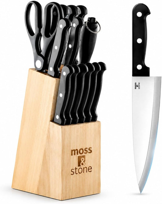 14 Pcs Kitchen Knife Set with Block, Stainless Steel | Premium forged kitchen knives with high-carbon sharp blades, ergonomic handle, rust-resistant knife block set for home & chef