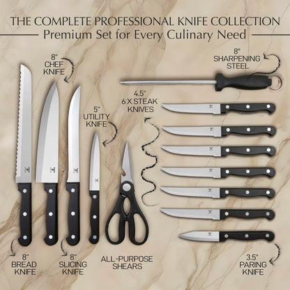 14 Pcs Kitchen Knife Set with Block, Stainless Steel | Premium forged kitchen knives with high-carbon sharp blades, ergonomic handle, rust-resistant knife block set for home & chef