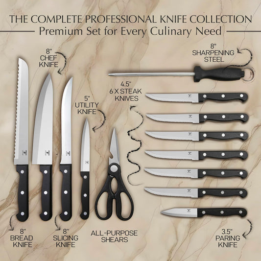 14 Pcs Kitchen Knife Set with Block, Stainless Steel | Premium forged kitchen knives with high-carbon sharp blades, ergonomic handle, rust-resistant knife block set for home & chef