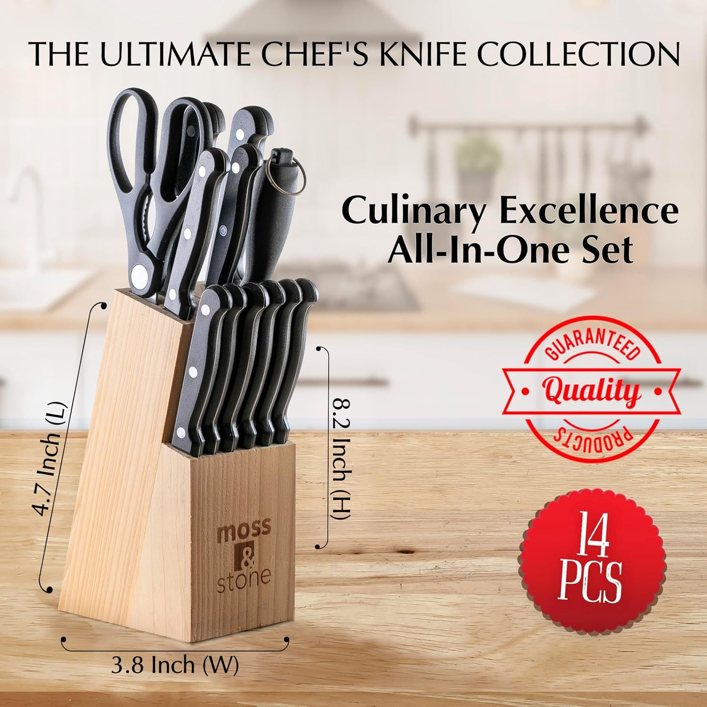 14 Pcs Kitchen Knife Set with Block, Stainless Steel | Premium forged kitchen knives with high-carbon sharp blades, ergonomic handle, rust-resistant knife block set for home & chef