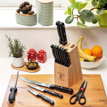 14 Pcs Kitchen Knife Set with Block, Stainless Steel | Premium forged kitchen knives with high-carbon sharp blades, ergonomic handle, rust-resistant knife block set for home & chef