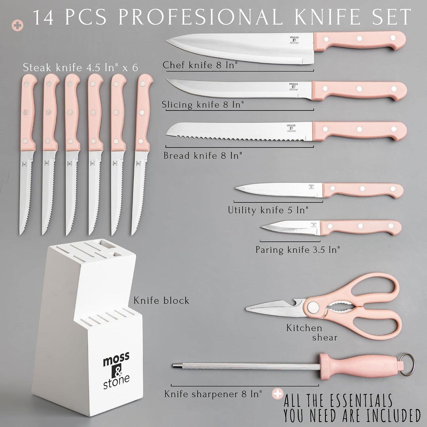 14 Pcs Kitchen Knife Set with Block, Stainless Steel | Premium forged kitchen knives with high-carbon sharp blades, ergonomic handle, rust-resistant knife block set for home & chef