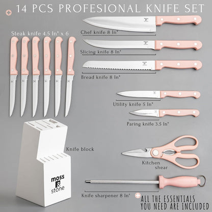 14 Pcs Kitchen Knife Set with Block, Stainless Steel | Premium forged kitchen knives with high-carbon sharp blades, ergonomic handle, rust-resistant knife block set for home & chef