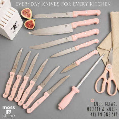 14 Pcs Kitchen Knife Set with Block, Stainless Steel | Premium forged kitchen knives with high-carbon sharp blades, ergonomic handle, rust-resistant knife block set for home & chef