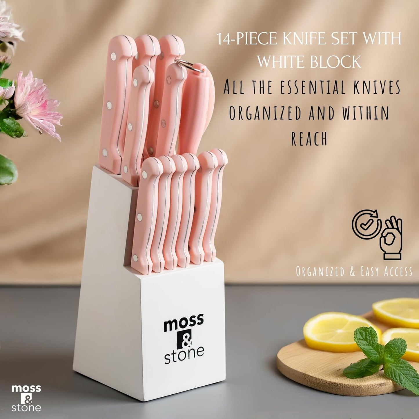 14 Pcs Kitchen Knife Set with Block, Stainless Steel | Premium forged kitchen knives with high-carbon sharp blades, ergonomic handle, rust-resistant knife block set for home & chef