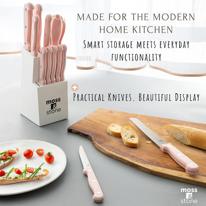 14 Pcs Kitchen Knife Set with Block, Stainless Steel | Premium forged kitchen knives with high-carbon sharp blades, ergonomic handle, rust-resistant knife block set for home & chef