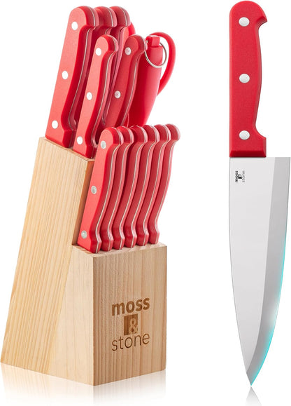 14 Pcs Kitchen Knife Set with Block, Stainless Steel | Premium forged kitchen knives with high-carbon sharp blades, ergonomic handle, rust-resistant knife block set for home & chef