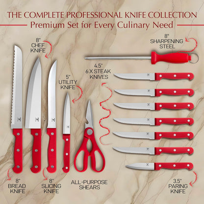14 Pcs Kitchen Knife Set with Block, Stainless Steel | Premium forged kitchen knives with high-carbon sharp blades, ergonomic handle, rust-resistant knife block set for home & chef
