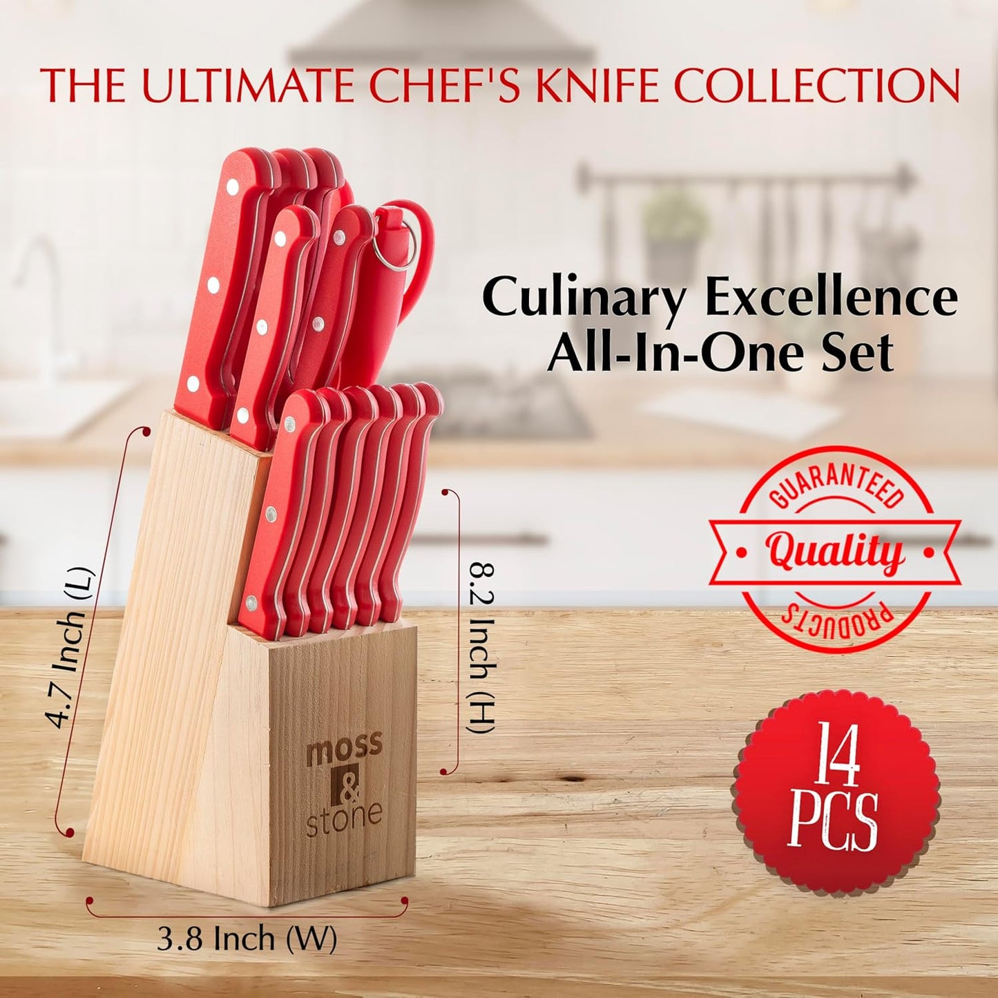 14 Pcs Kitchen Knife Set with Block, Stainless Steel | Premium forged kitchen knives with high-carbon sharp blades, ergonomic handle, rust-resistant knife block set for home & chef
