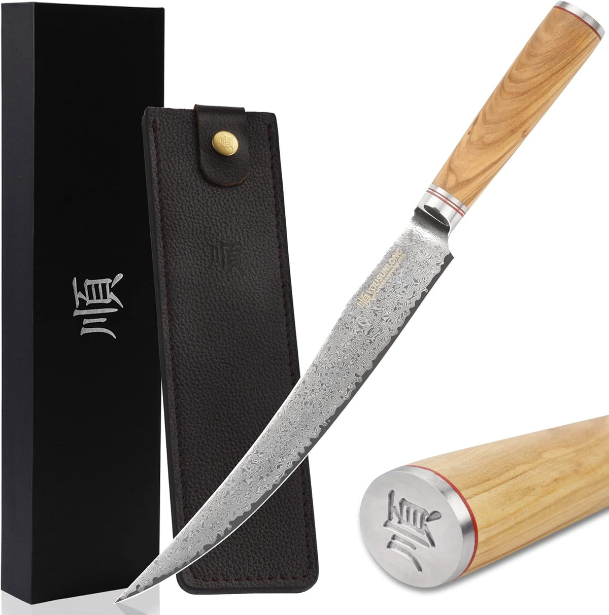 Slicing & Carving Knife -10''(25.4cm) - Damascus Steel - Japanese Hammered Super Steel - Razor Sharp - Italian Olive wood Handle With Leather Sheath -Ham Slicer- Slicing Cleaver